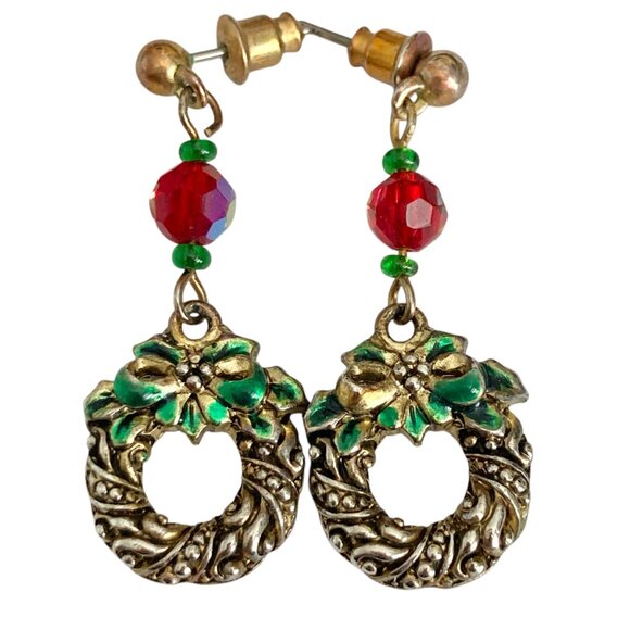 Vintage Christmas Wreath Dangle Charm Earrings Gold Tone Enamel Red Bead Post - Picture 4 of 12